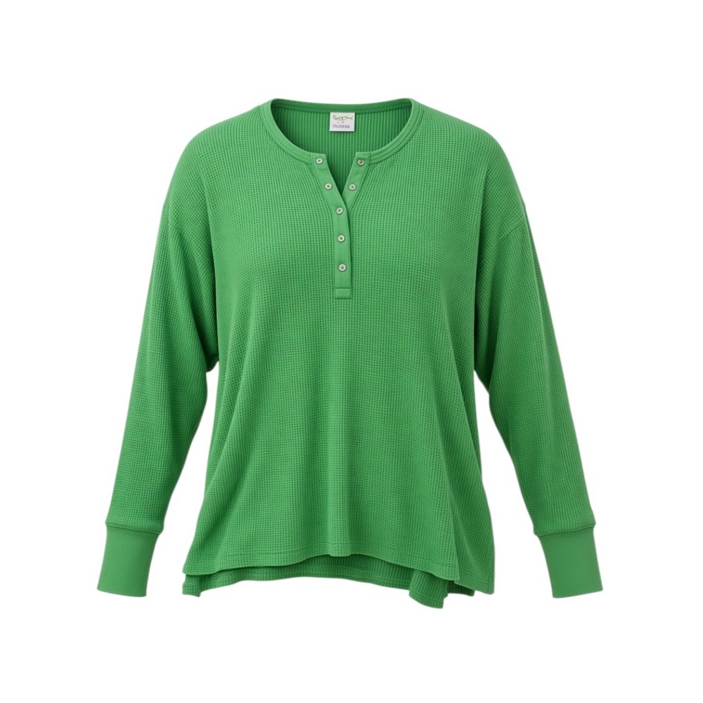 Free People Henley Thermal Women L Green Excellent Waffle Knit Thumbhole Top